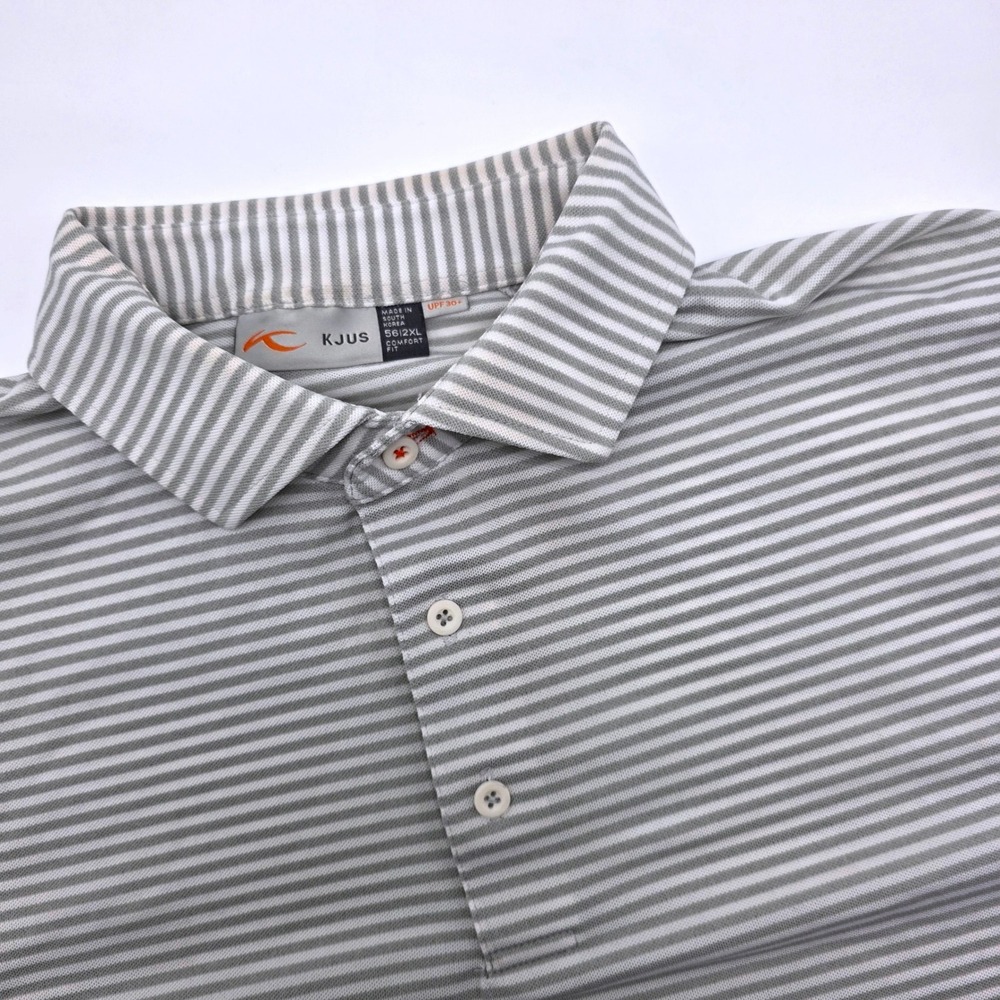 Kjus Mens Grey White Striped Golf Polo Shirt UPF 30+ Comfort Fit Size 2XL